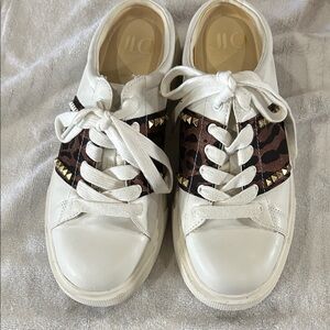White Leather Sneakers with Leopard Accent and Gold Stud Detailing